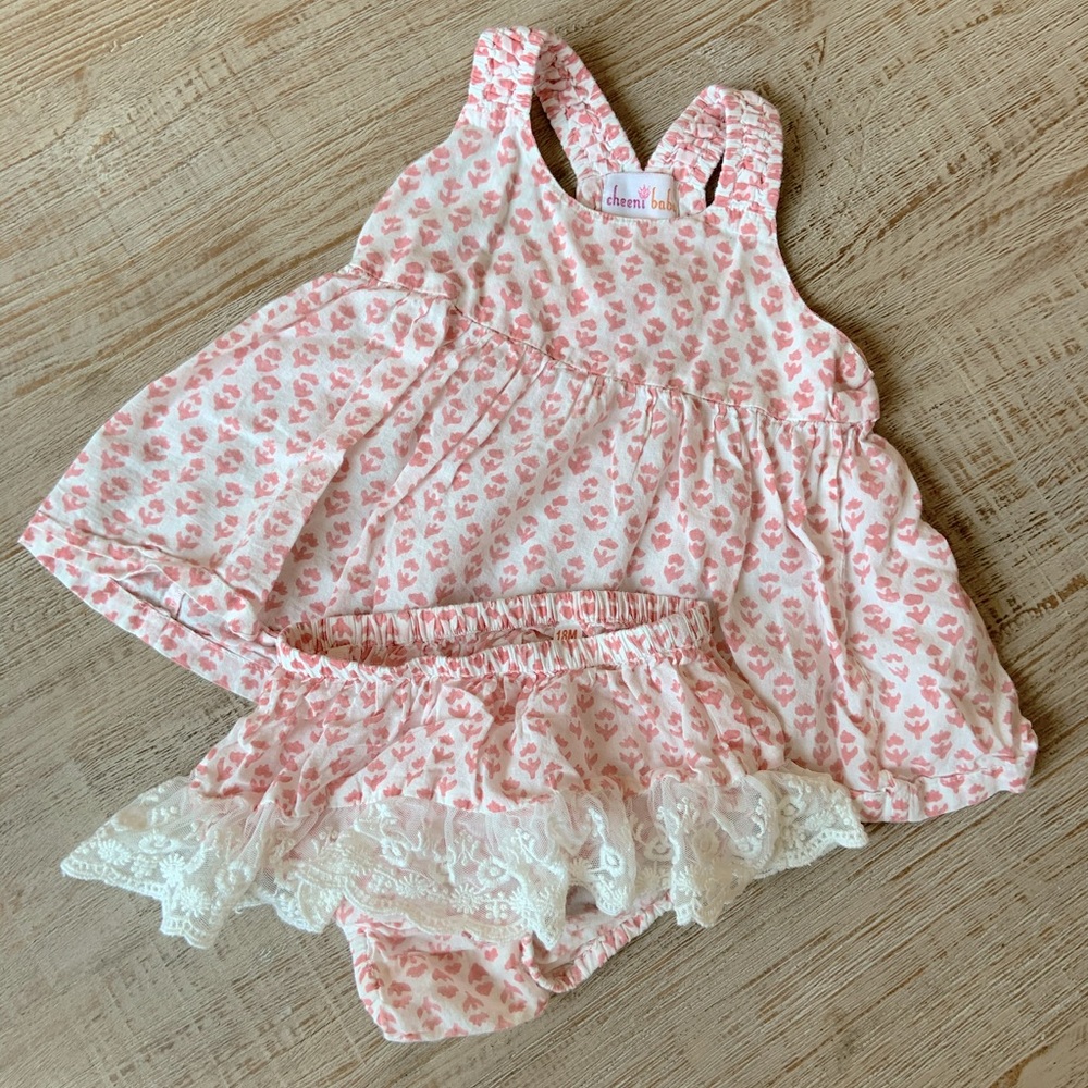 Cheeni Baby white and pink top and lace bloomers size 18m
